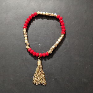 RED and Gold Tone Beaded Chain Fringe Tassel Stretchy Elastic Statement Bracelet